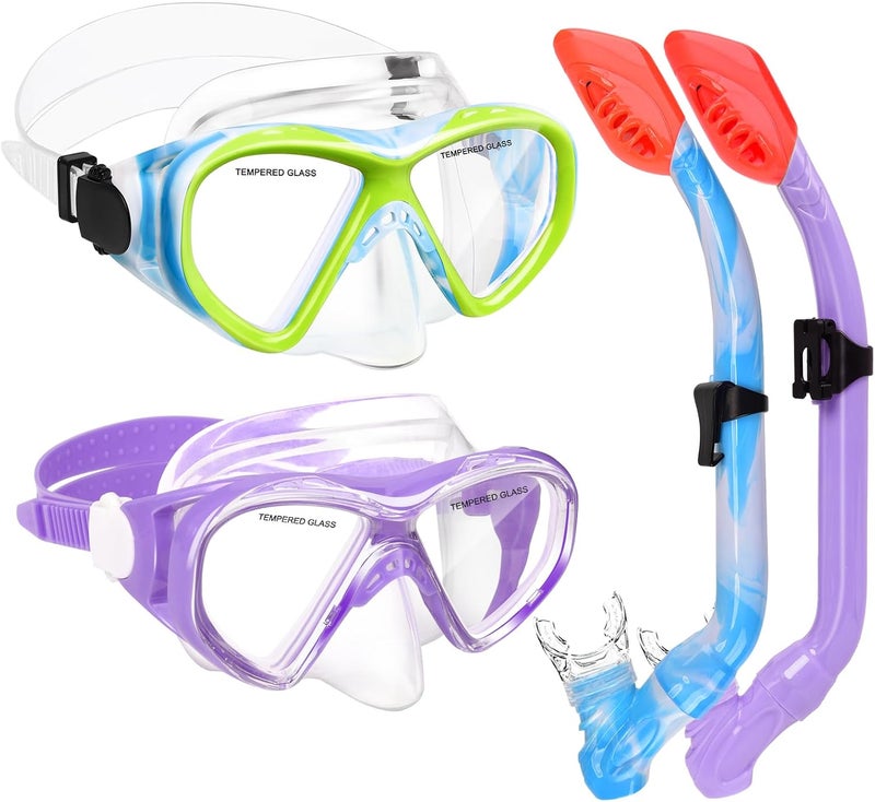 ACQCES 2 Sets Snorkeling Gear for Kids, Kids Snorkel Set for Ages 6-14, Dry Top Snorkel Mask Set for Youth Boys Girls Junior, Tempered Glass Diving Swimming Mask Goggles - Image 1